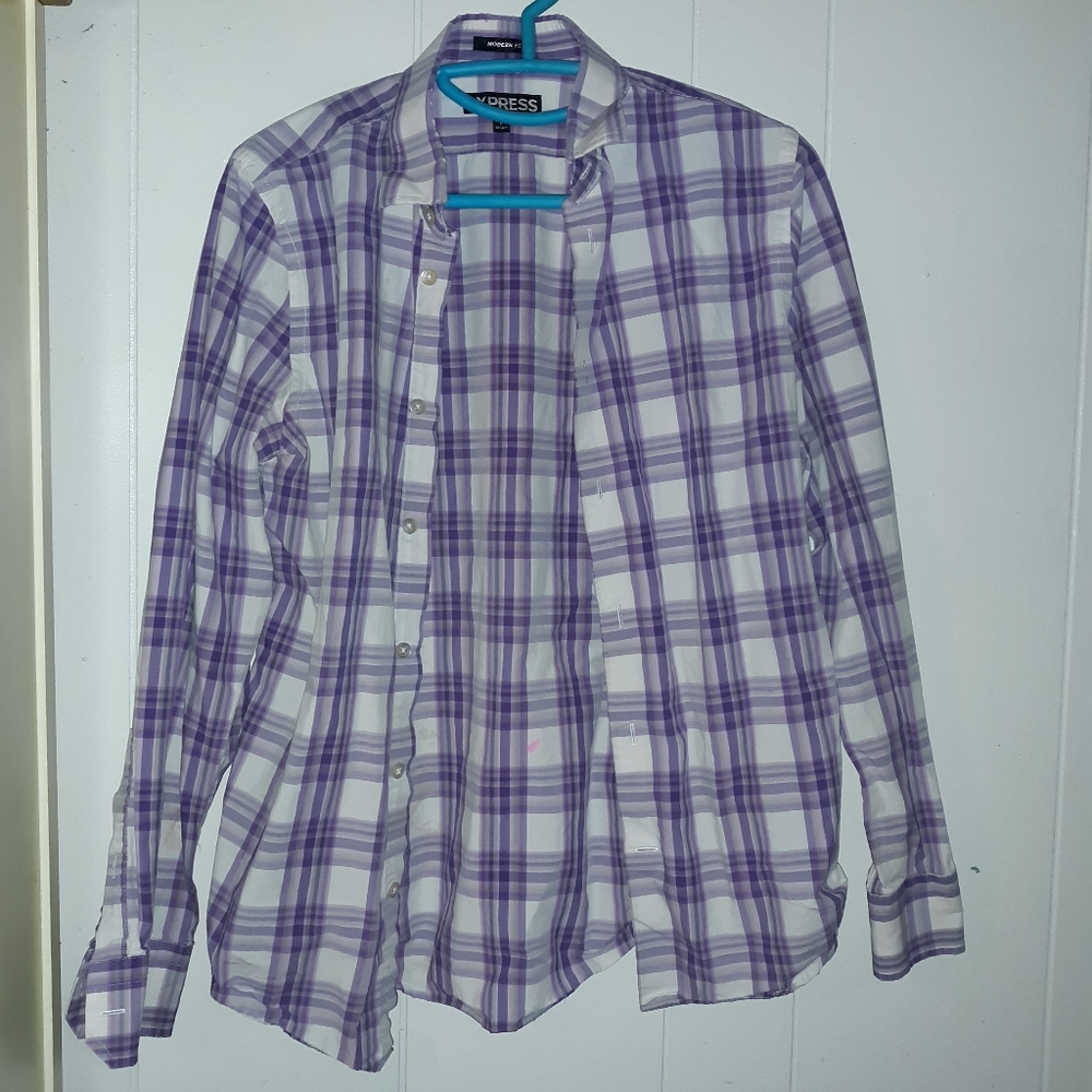 Express light purple plaid button up dress shirt